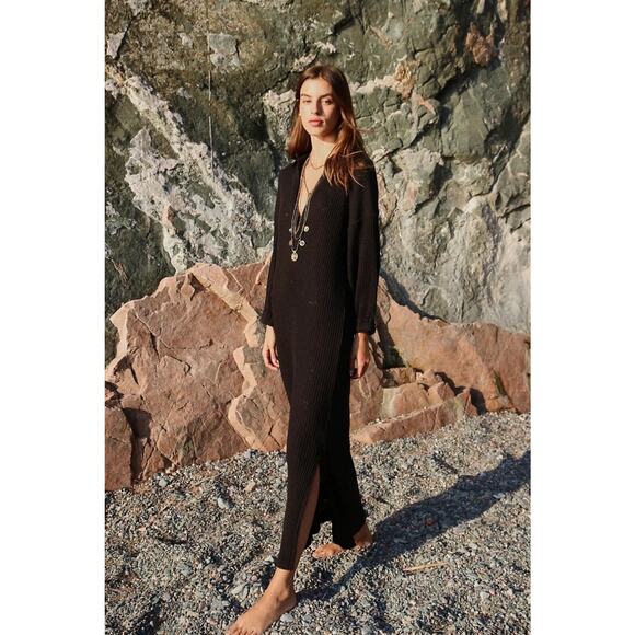 Free People Beach Black Ribbed Knit Pacific Maxi Sweater Dress Small - Picture 1 of 12